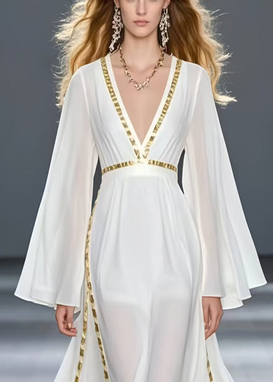 Unique White Patchwork Draping Chiffon Maxi Dresses Spring
