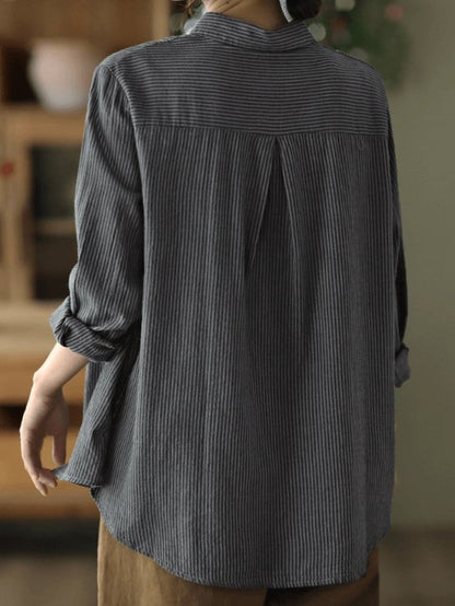 100% Natural Fabric Striped Long-sleeve Loose Shirt