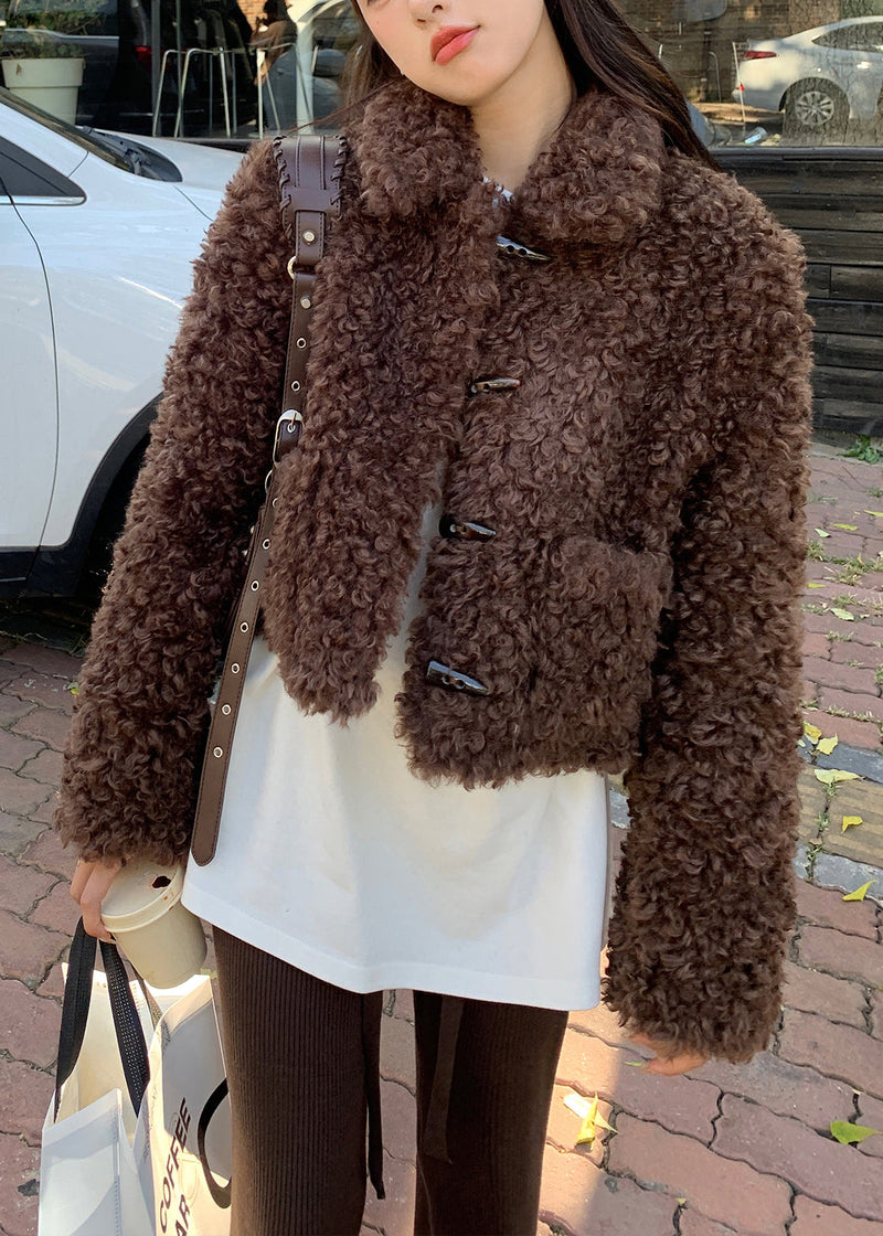 Coffee Peter Pan Collar Pockets Faux Fur Jacket Spring
