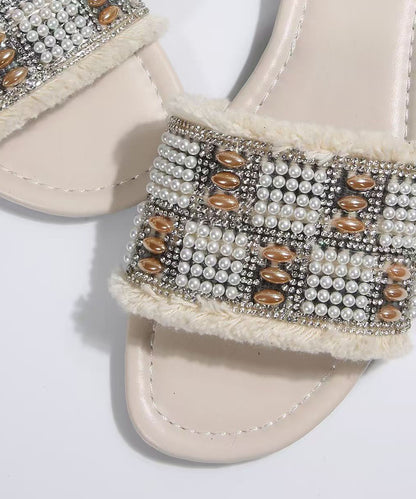 Nail Bead Splicing White Faux Leather Slide Sandals