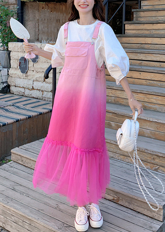 Gradient Color Pockets Tulle Patchwork Denim Strap Dress Sleeveless