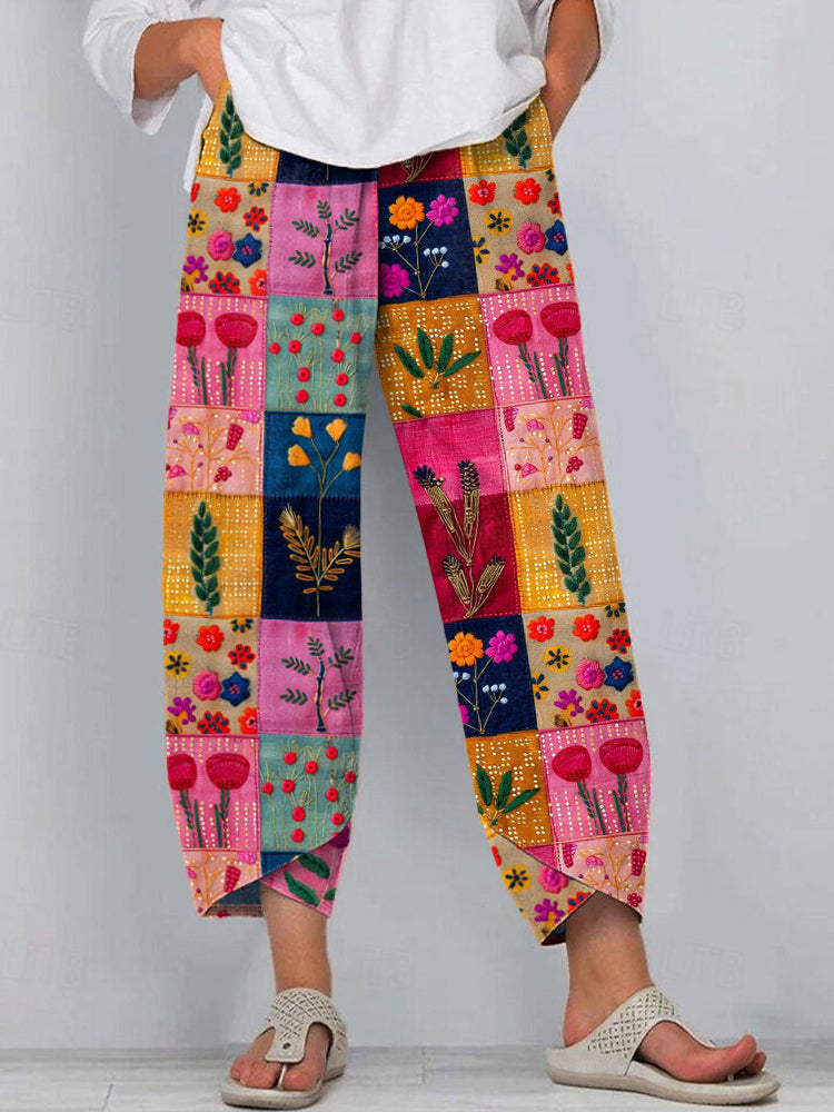 Women's Boho Floral Embroidered Patchwork Linen Blend Pants elevenforest