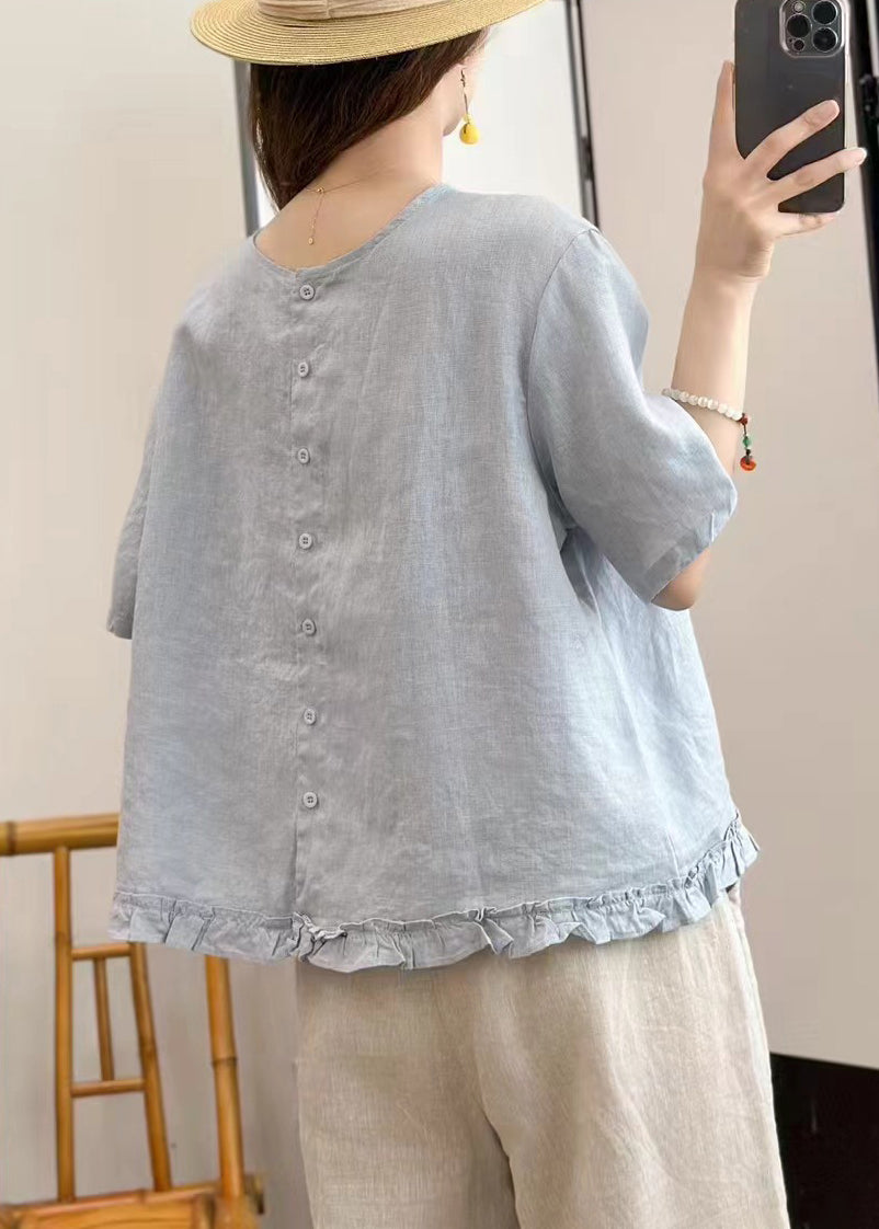 Sky Blue Wear on Both Sides Linen Summer Blouse Ruffled