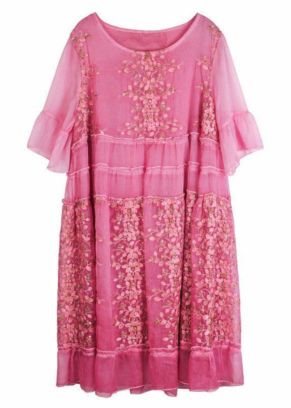 Rose Embroidered Patchwork Summer Dresses Half Sleeve