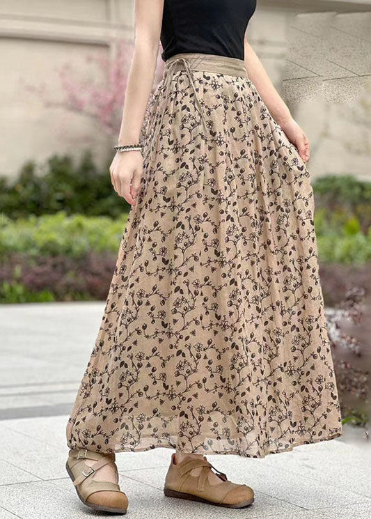 Pink Wrinkled Pockets Print Patchwork Linen Skirts Summer