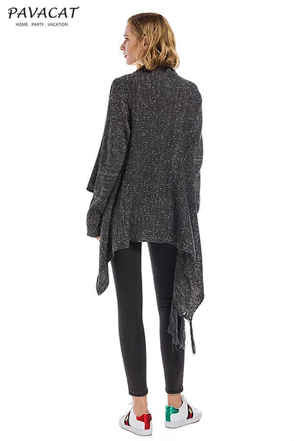 Tassel Asymmetrical Hem Shawl Speckled Fringe Cardigan - Green