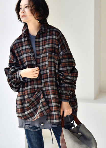 Stylish Black Coffee Plaid Peter Pan Collar Low High Design Cotton Shirt Long Sleeve