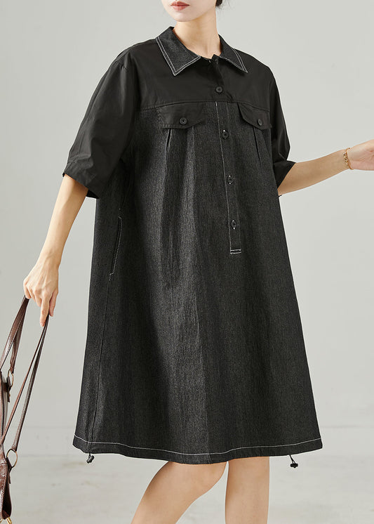 Black Oversized Patchwork Cotton Mid Dress Summer