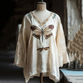 Women's Vintage Floral Dragonfly Embroidery Linen Art V-neck Shirt elevenforest