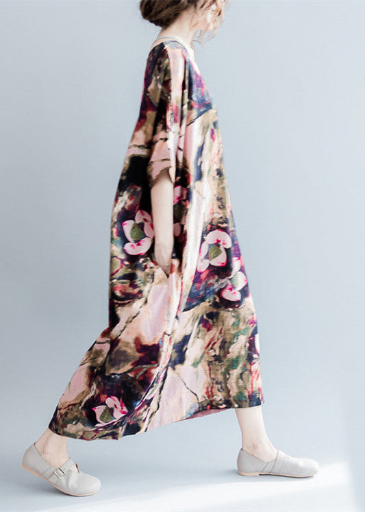 Fine Pink Prints Linen Dresses O Neck Linen Maxi Dress Fine Short Sleeve Linen Caftans