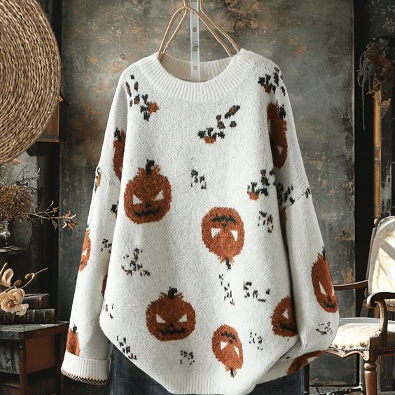 Pumpkin Halloween Print Casual Knitted Pullover Sweater artswardrobe