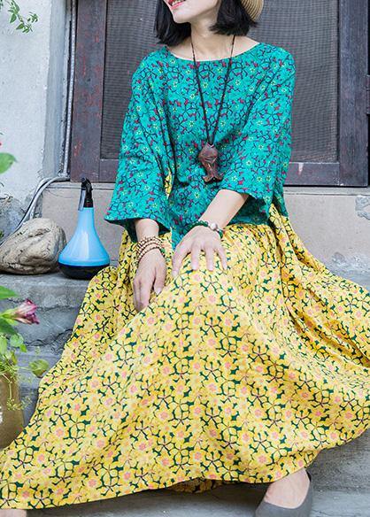 Yellow Blue Print Linen Robes O Neck Patchwork Traveling Summer Dresses