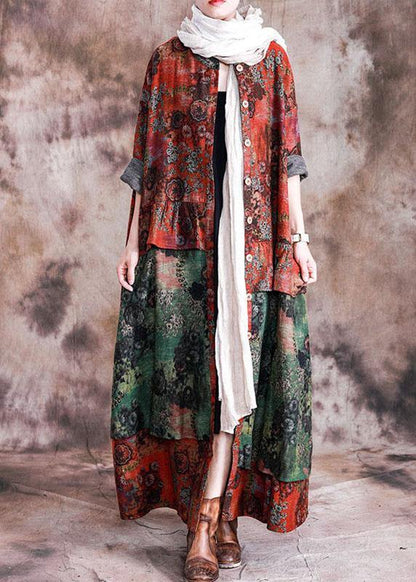 Loose Fall Red Patchwork Green Print Pockets Coat for Woman