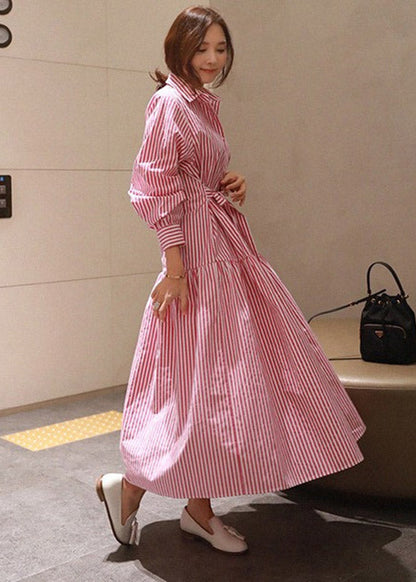 Diy Red Striped Peter Pan Collar Button Tie Waist Wrinkled Cotton Dress Long Sleeve