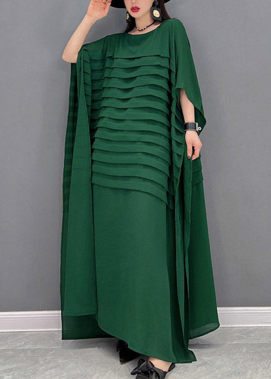 Green O-neck Striped Chiffon Ankle Dress Batwing Sleeve