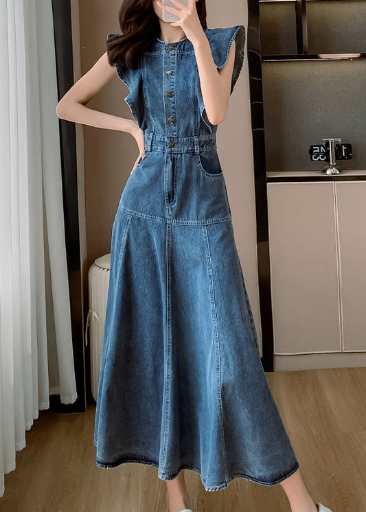 Blue O Neck Patchwork Denim Long Dress Butterfly Sleeve