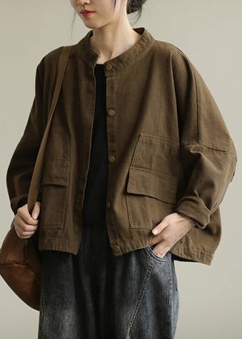 Chocolate Fine Coat for Woman Stand Collar Button Down Coat