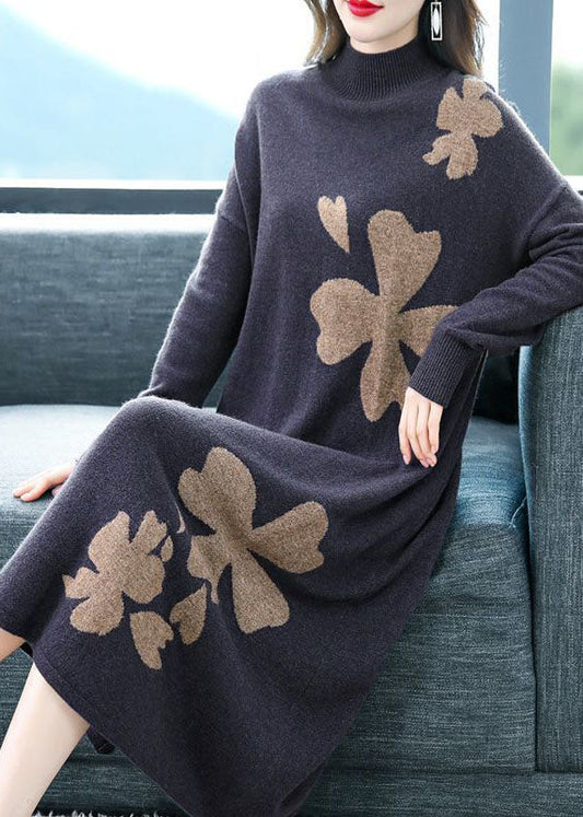 Diy Purple Stand Collar Embroideried Knit Cashmere Sweater Dress Long Sleeve
