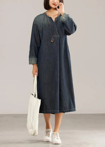 French Cotton Dresses V-neck Denim Blue Dress
