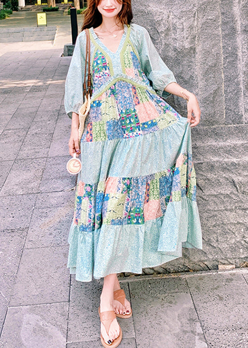Blue Print Side Open Patchwork Cotton Maxi Dresses Half Sleeve
