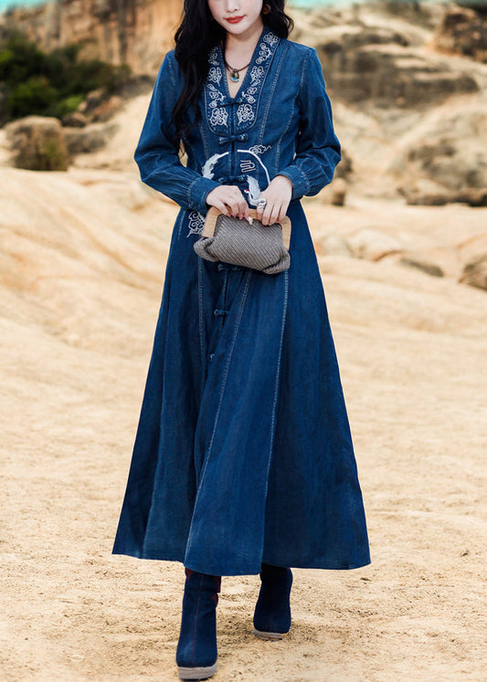 Blue V Neck Embroideried Button Cotton Denim Long Dresses Long Sleeve