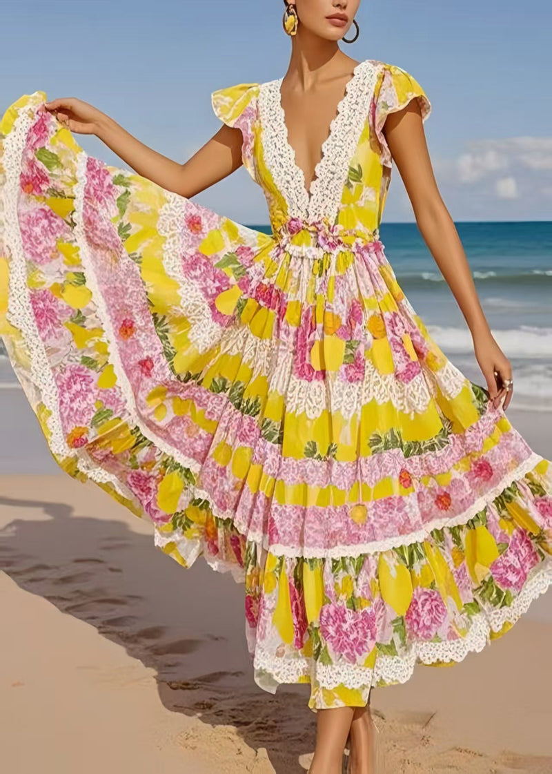 Yellow Print Exra Large Hem Cotton Sundress Sleeveless