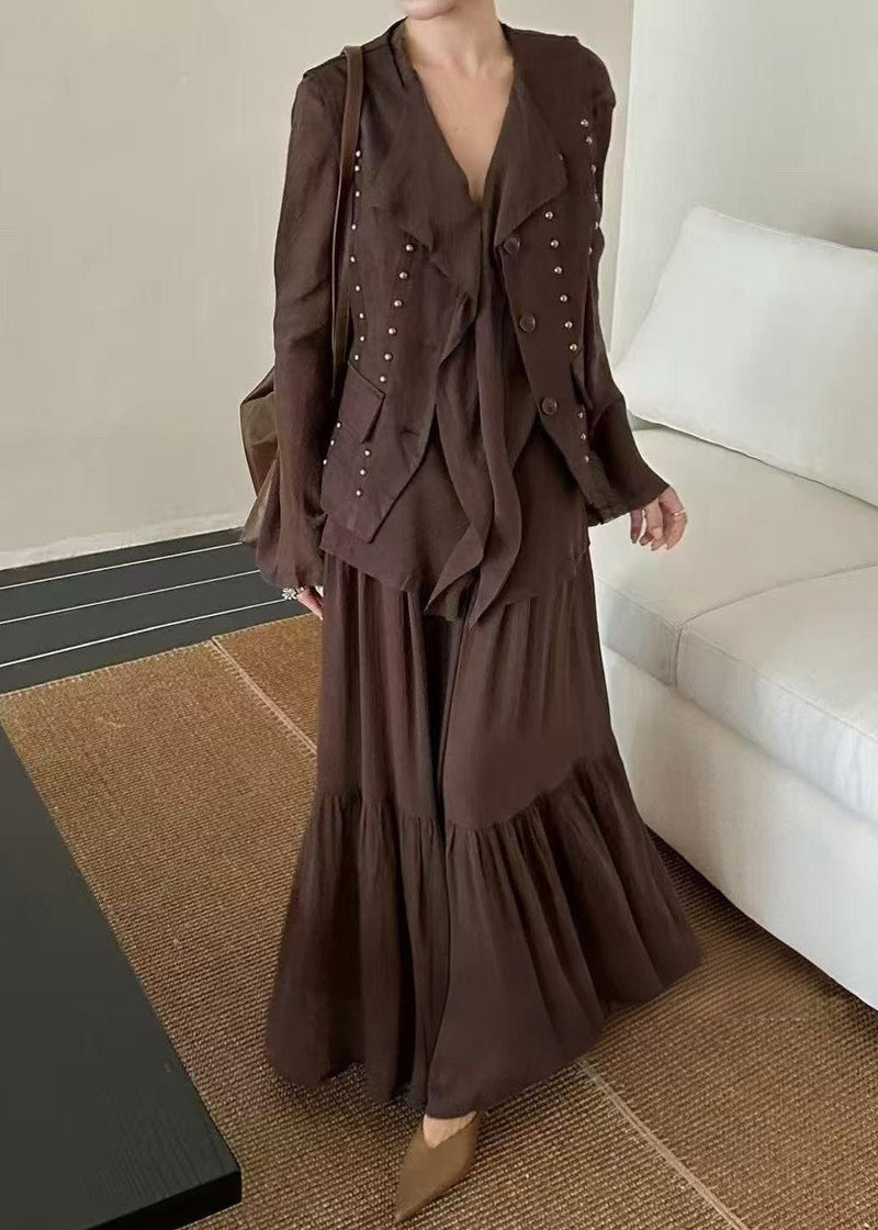 Autumn New Coffee Ruffled Top Skirt Rivet Vest Three Piece Set