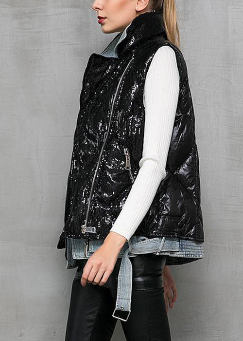 Black Denim Patchwork Cotton Blend Waistcoat Peter Pan Collar Winter