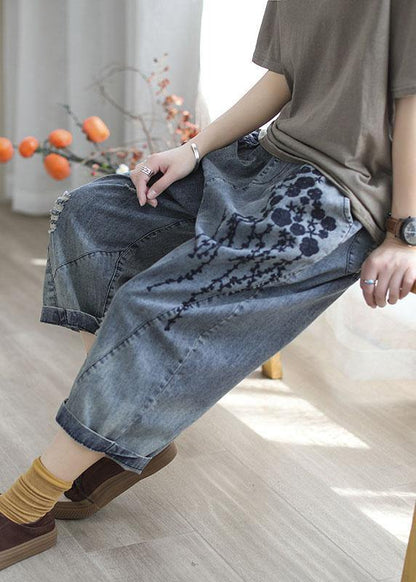 Blue Embroidered Summer Denim Pants