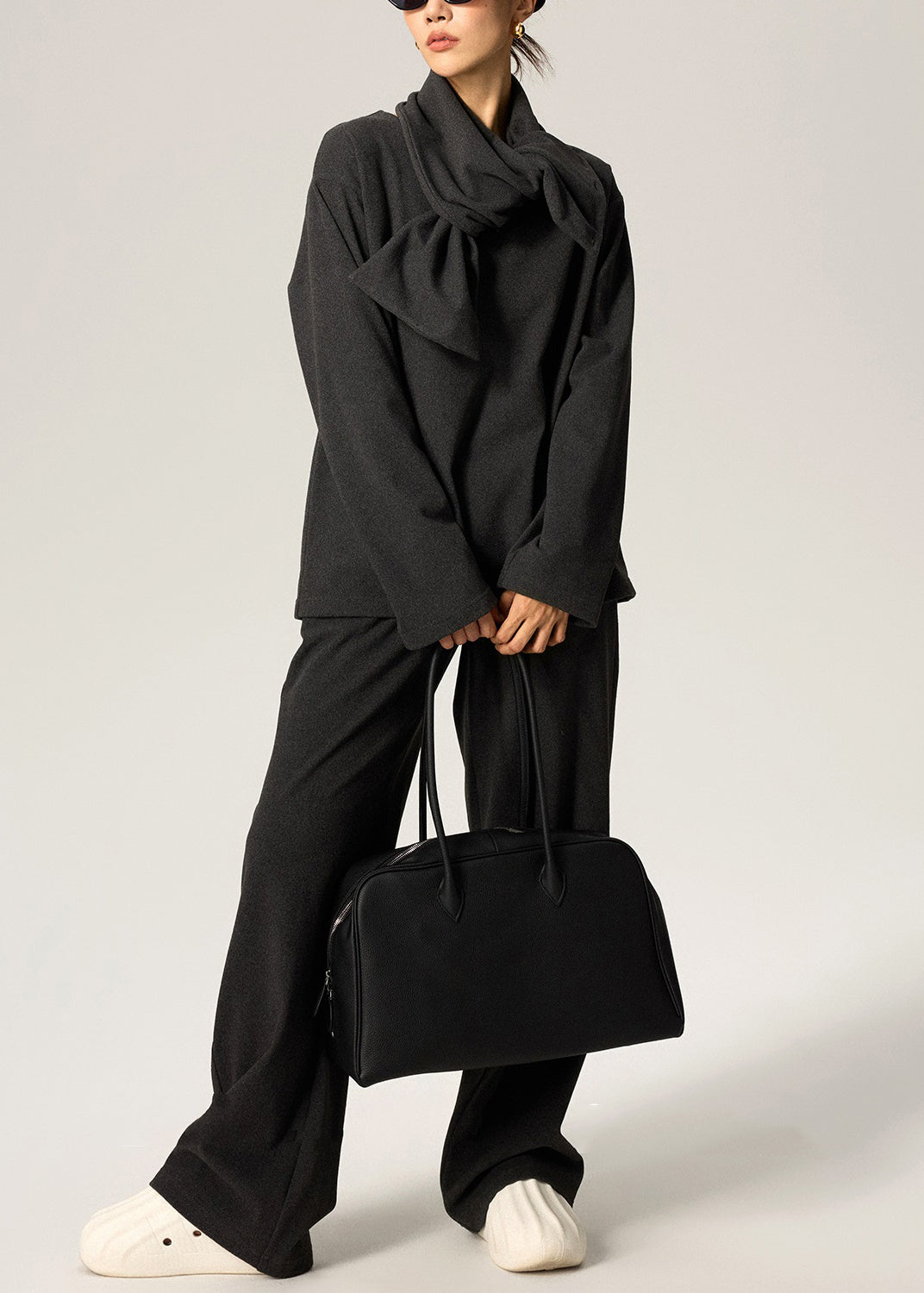 Dark Gray Scarf Tops and Pants Cotton Fall Three Pieces Set V Neck