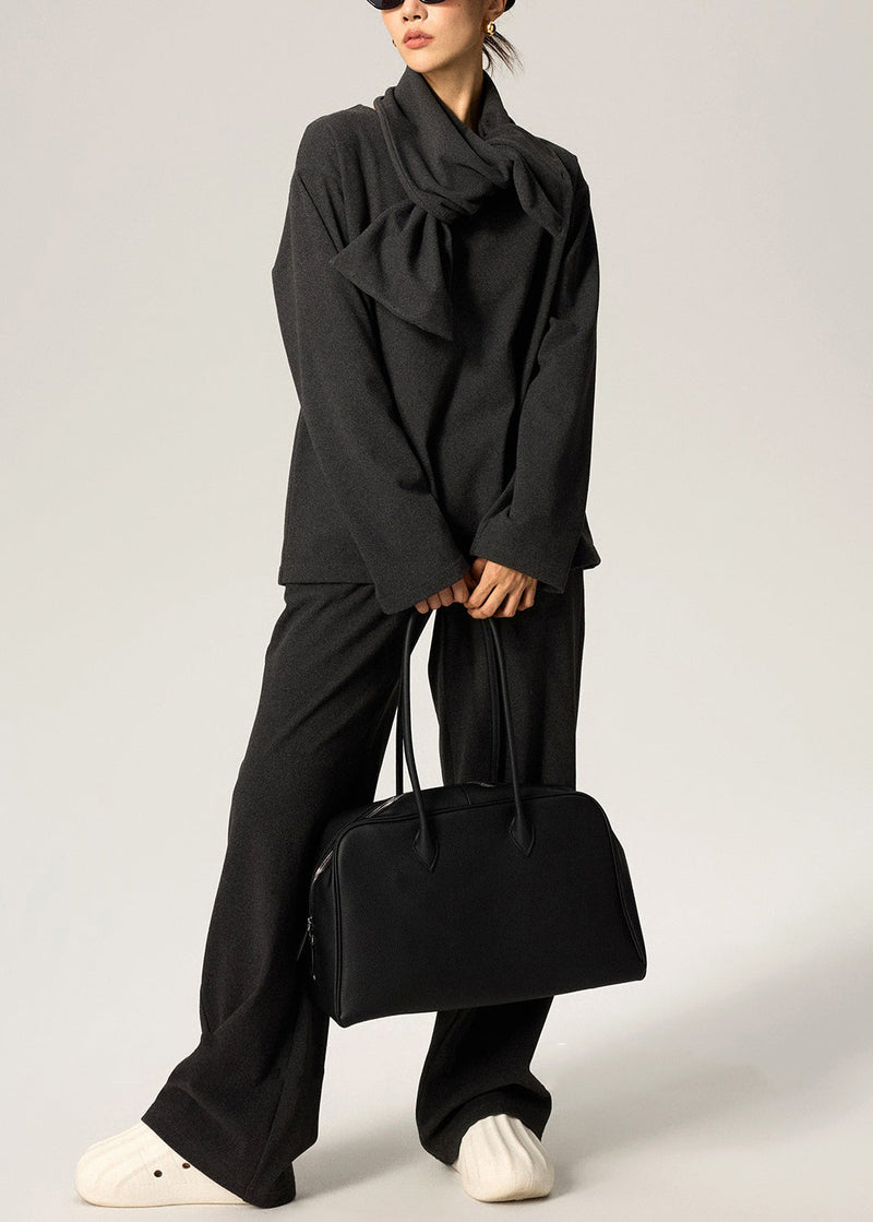 Dark Gray Scarf Tops and Pants Cotton Fall Three Pieces Set V Neck