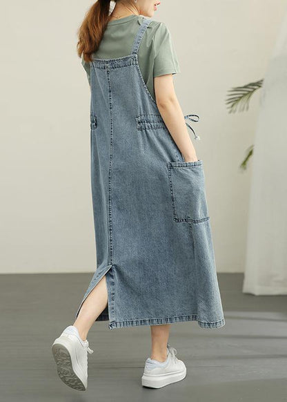 Simple Blue Summer Tie Waist Cotton Spaghetti Strap Dress