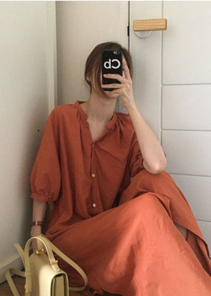 Brick Red Button Cotton Dresses Wrinkled Half Sleeve