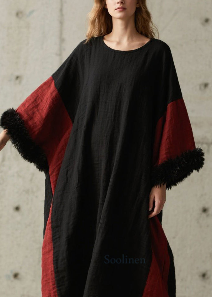 Organic Colorblock O Neck Patchwork Cotton Dress Fall