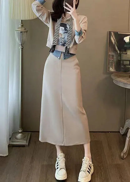 Hooded Print Sweatshirt and Skirts Cotton Two Pieces Set Long Sleeve
