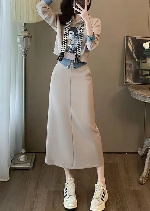 Hooded Print Sweatshirt and Skirts Cotton Two Pieces Set Long Sleeve
