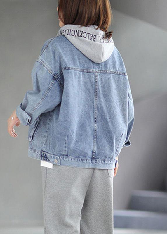 Light Denim Hooded Pockets Button Fall Long Sleeve Coat