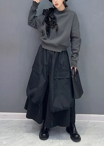 Stylish Grey Ruffled Sweatshirt and Black Skirts Cotton Two Piece Set Fall