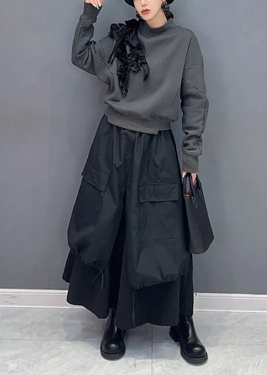 Stylish Grey Ruffled Sweatshirt and Black Skirts Cotton Two Piece Set Fall