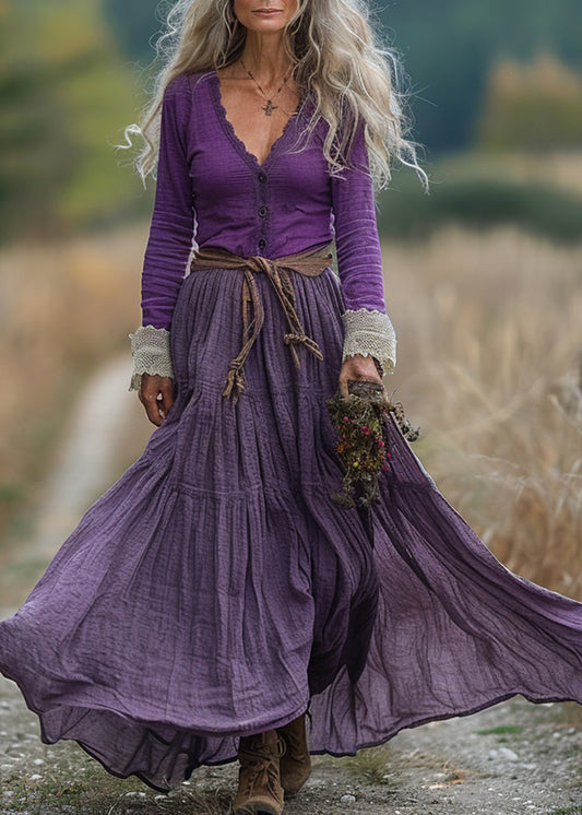 Purple V Neck Wrinkled Patchwork Cotton Robe Dresses Spring