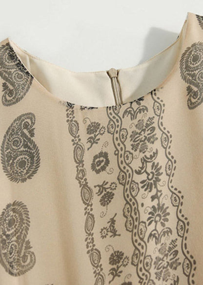 O-neck Print Patchwork Zippered Silk Long Dresses Half Sleeve