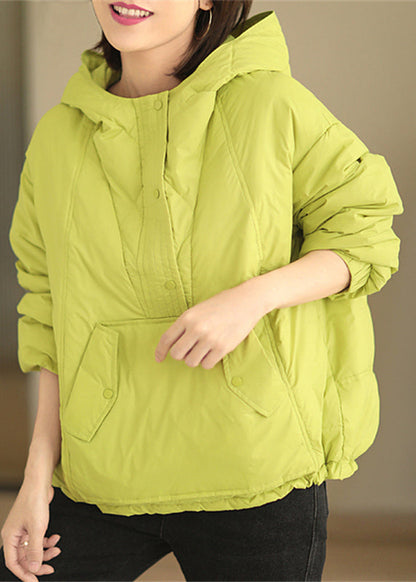 Green Hooded Button Patchwork Duck Down Coat Winter