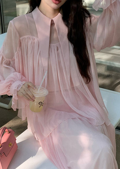 Pink Patchwork Wrinkled Tulle Shirt and Maxi Skirts Two Piece Set Spring
