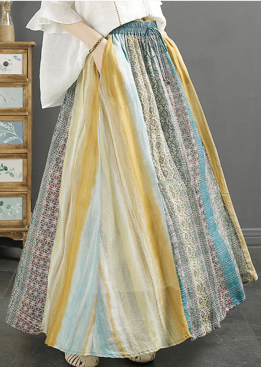 Classy Blue Print Patchwork Linen a Line Skirt Spring
