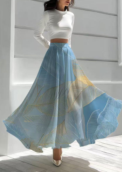 Sea Blue Leaf Print Chiffon Holiday Skirt Summer