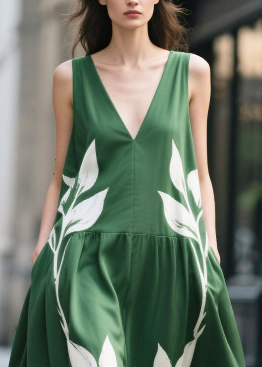 Green Oversized Print Chiffon Maxi Dress Summer