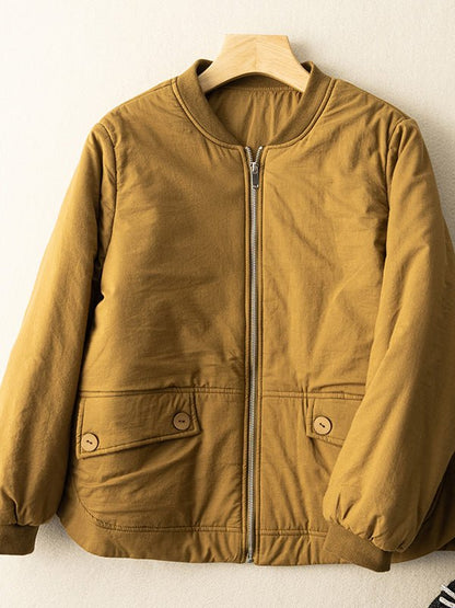 100% Natural Fabric Zipper Round Neck Long Sleeve Coat