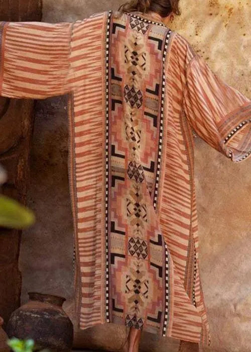 Classy Red Geometric Print Cotton Kimono Robe Summer Ankle Cardigans