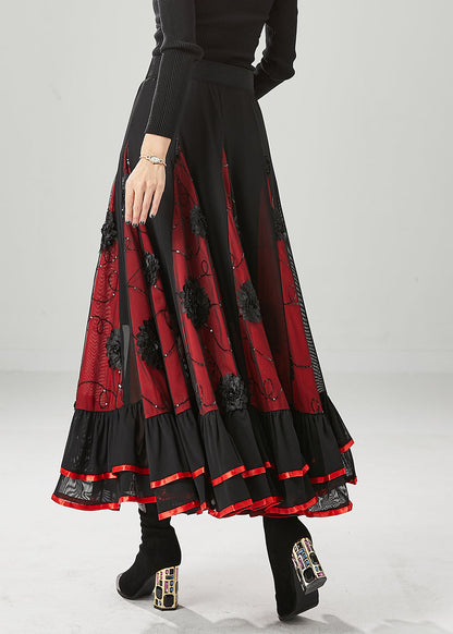 Black Red Patchwork Chiffon Skirt Exra Large Hem Fall
