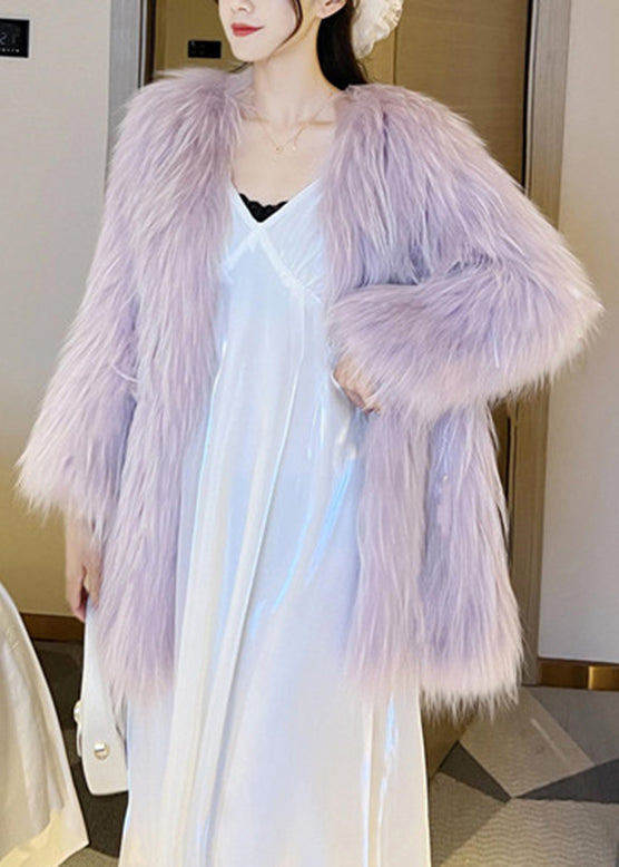 Vogue Light Green V Neck Button Leather and Fur Coat Winter